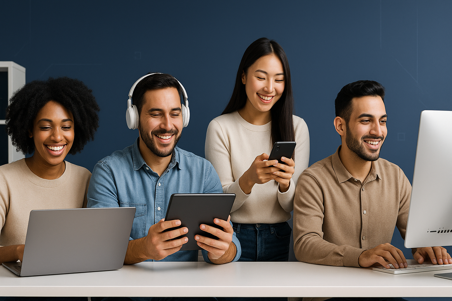 Please generate a slideshow of people of color enjoying the tech products. I will use it as a banner for my tech website, the theme is navy blue and white